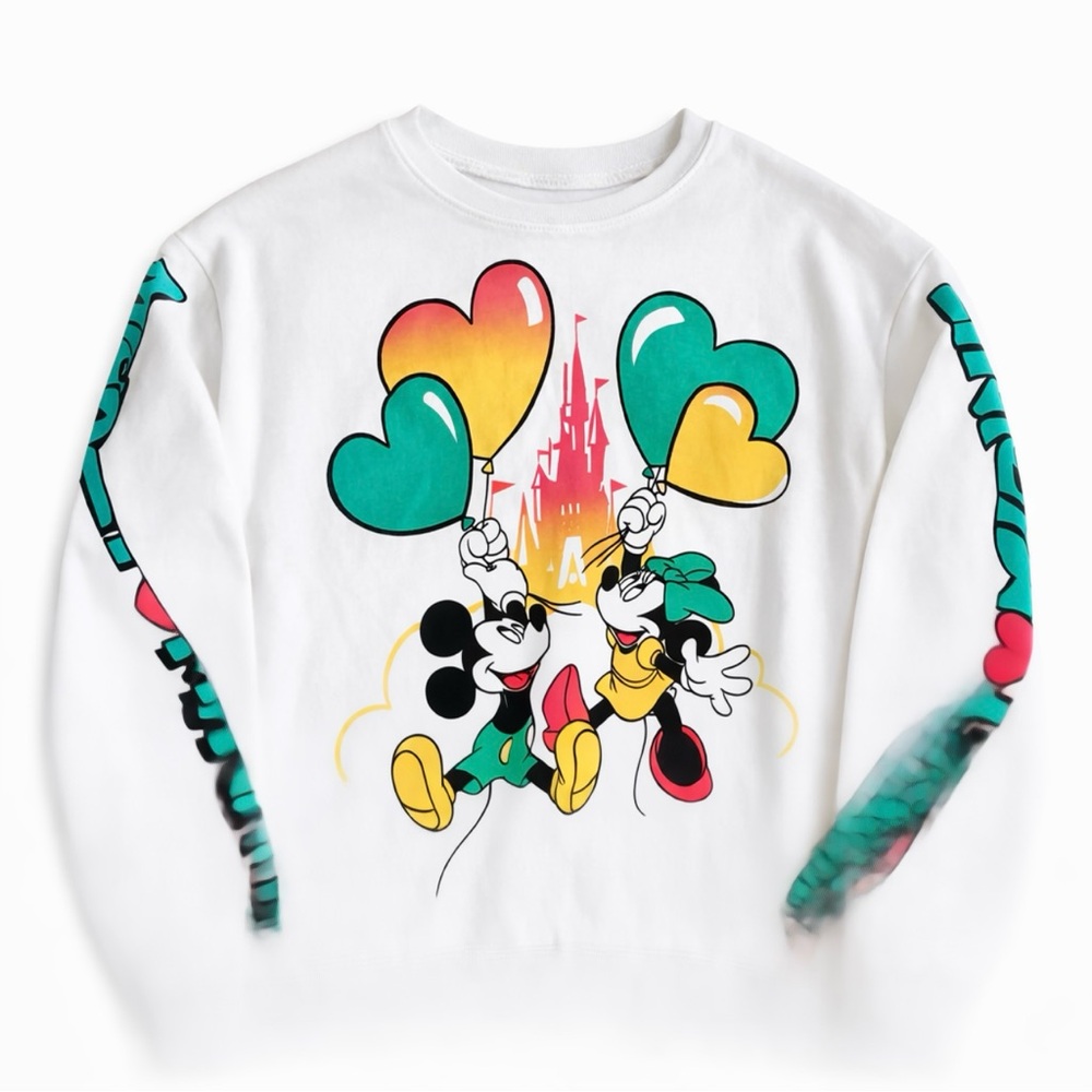 Walt Disney World Park White Mickey & Minnie Heart Balloon Crewneck Sweatshirt